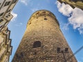 Galata Tower and the street in the Old Town of Istanbul, Turkey October 27, 2019. BELTUR Galata Kulesi or Galata tower in the old Royalty Free Stock Photo