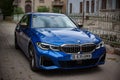 Galati, Romania - July 4, 2020: 2020 Blue BMW 3 Series G20 M340i xDrive Steptronic front and side view on a street Royalty Free Stock Photo