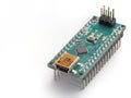 Galati, Romania - July 12, 2021: Original Arduino Nano board for the implementation of electronics and robotics projects. Isolated Royalty Free Stock Photo