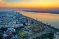 Galati, ROMANIA - March 19, 2021: Aerial view of Galati City, Romania. Danube River near city with sunrise warm light Royalty Free Stock Photo