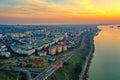 Galati, ROMANIA - March 19, 2021: Aerial view of Galati City, Romania. Danube River near city with sunrise warm light Royalty Free Stock Photo