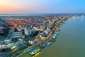 Galati, ROMANIA - March 19, 2021: Aerial view of Galati City, Romania. Danube River near city with sunset warm light Royalty Free Stock Photo