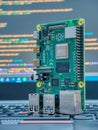 Galati, ROMANIA - March 22, 2020: Close-up of a Raspberry Pi 4 Model-B on a laptop keyboard. The Raspberry Pi is a credit-card-