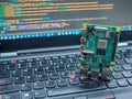 Galati, ROMANIA - March 22, 2020: Close-up of a Raspberry Pi 4 Model-B on a laptop keyboard. The Raspberry Pi is a credit-card-