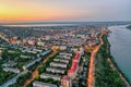 Galati, ROMANIA - May 26, 2022: Aerial view of Galati City, Romania. Night city lights after sunset at blue hour