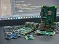Galati, ROMANIA - November 02, 2020: Close-up of Raspberry Pi 4 Model-B, Raspberry Pi 3 Model-B and Raspberry Pi Zero W on a