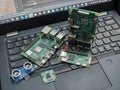 Galati, ROMANIA - November 02, 2020: Close-up of Raspberry Pi 4 Model-B, Raspberry Pi 3 Model-B and Raspberry Pi Zero W on a