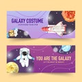 Galaxy banner design with satellite, rocket, spaceman, planet illustration watercolor