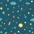 Galaxy cosmic seamless pattern with planets, stars and comets. Childishly vector hand-drawn cartoon illustration in simple