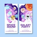 Galaxy flyer design with satellite, astronaut, solar system illustration watercolor Royalty Free Stock Photo