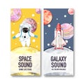 Galaxy flyer design with spaceman, Saturn, rocket illustration watercolor