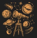 Telescope to observe planets and stars. Galaxy, outer space concept. Vector illustration