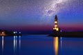 Galaxy over the Lighthouse of Chania at ummer sunset , Crete , Greece. Royalty Free Stock Photo