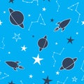 Galaxy pattern with spaceships, planets and stars. Blue background filled with sky elements Royalty Free Stock Photo