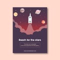 Galaxy poster design with planet, rocket illustration watercolor Royalty Free Stock Photo