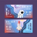Galaxy ticket design with rocket, astronaut, Neptune, Jupiter illustration watercolor