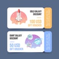 Galaxy ticket design with rocket, Saturn, Venus illustration watercolor