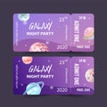 Galaxy ticket design with Saturn, Neptune, Venus illustration watercolor