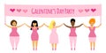 Galentine`s Day Party banner with hand drawn smiling feminist girlfriends, can be used for greeting card, poster etc