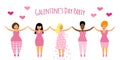 Galentine`s Day Party banner with hand drawn smiling feminist girlfriends, can be used for greeting card, poster etc