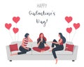 Galentines day. Slumber party. Three young women are sitting on the couch and drinking wine