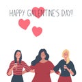 Galentines day. Three girls hug and drink wine