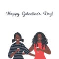 Galentines day. Two black girls hug and drink wine. Text Happy Galentine\'s day