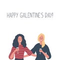 Galentines day. Two girls hug and drink wine