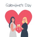 Galentines day. Two young women are drinking wine on a red heart background Royalty Free Stock Photo