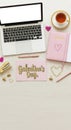 Galentines Day workspace with laptop Royalty Free Stock Photo
