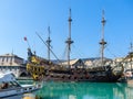 Galeone Neptune pirate ship in Genoa Porto Antico Old harbor, Italy.