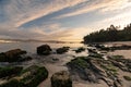 Galicia beach with rocks at sunset Royalty Free Stock Photo