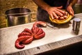 Melide, Spain - Galician Style Boiled Squid Octopus Being Prepared in one of the Traditional Restaurants in Melide, Spain