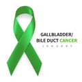 Gallbladder and Bile Duct Cancer Awareness Month. Realistic Kelly Green ribbon symbol. Medical Design. Vector illustration