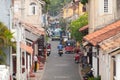 GALLE, SRI LANKA - JANUARY 29, 2016: cool view of the cozy street full of people and cars in exotic Sri Lanka