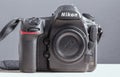 Galle, Sri Lanka - 02 17 2021: Nikon D850 full frame DSLR front view, without a lens, body cap and neck strap attached on top of a