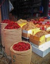 Red chili peppers selling in sacks on Sri Lanka street.