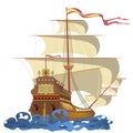 Galleon. Big ship is sailing on the waves. Colorful vector illustration Royalty Free Stock Photo