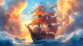 Galleon sailing sunset ocean cloudscape fantasy art Royalty Free Stock Photo