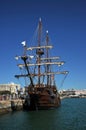 Galleon in the seaport of the ancient city of Cadiz. Royalty Free Stock Photo