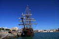 Galleon in the seaport of the ancient city of Cadiz. Royalty Free Stock Photo