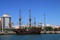 Galleon in the seaport of the ancient city of Cadiz. Royalty Free Stock Photo