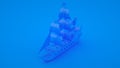 Galleon Ship. Minimal idea concept. Blue toned 3d illustration