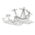 Galleon or Tall Ship Sailing with Whale Continuous Line Drawing Royalty Free Stock Photo