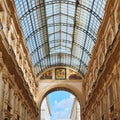 Galleria Vittorio Emanuele, low angle interior view in a sunny day,Milan, Italy Royalty Free Stock Photo