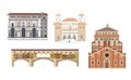 Gallery and Church, museums of Italy - Rome, Milan and Florence. Colorful illustration.