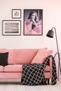 Posters on wall in fashionable living room interior with pink couch and industrial lamp Royalty Free Stock Photo