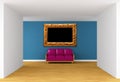 Galerie purpurová gauč a ozdobený rám 