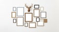 Gallery Wall Arrangement of Assorted Empty Picture Frames and a Deer Head Mount empty frames Royalty Free Stock Photo