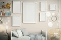 Gallery wall mockup in cozy living room interior, frame mockup, Generative AI Royalty Free Stock Photo